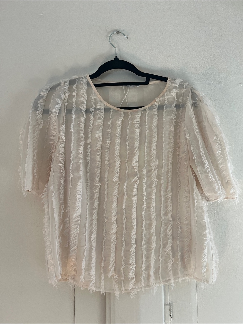 Zara Cream Sheer Fringe Stripe Blouse